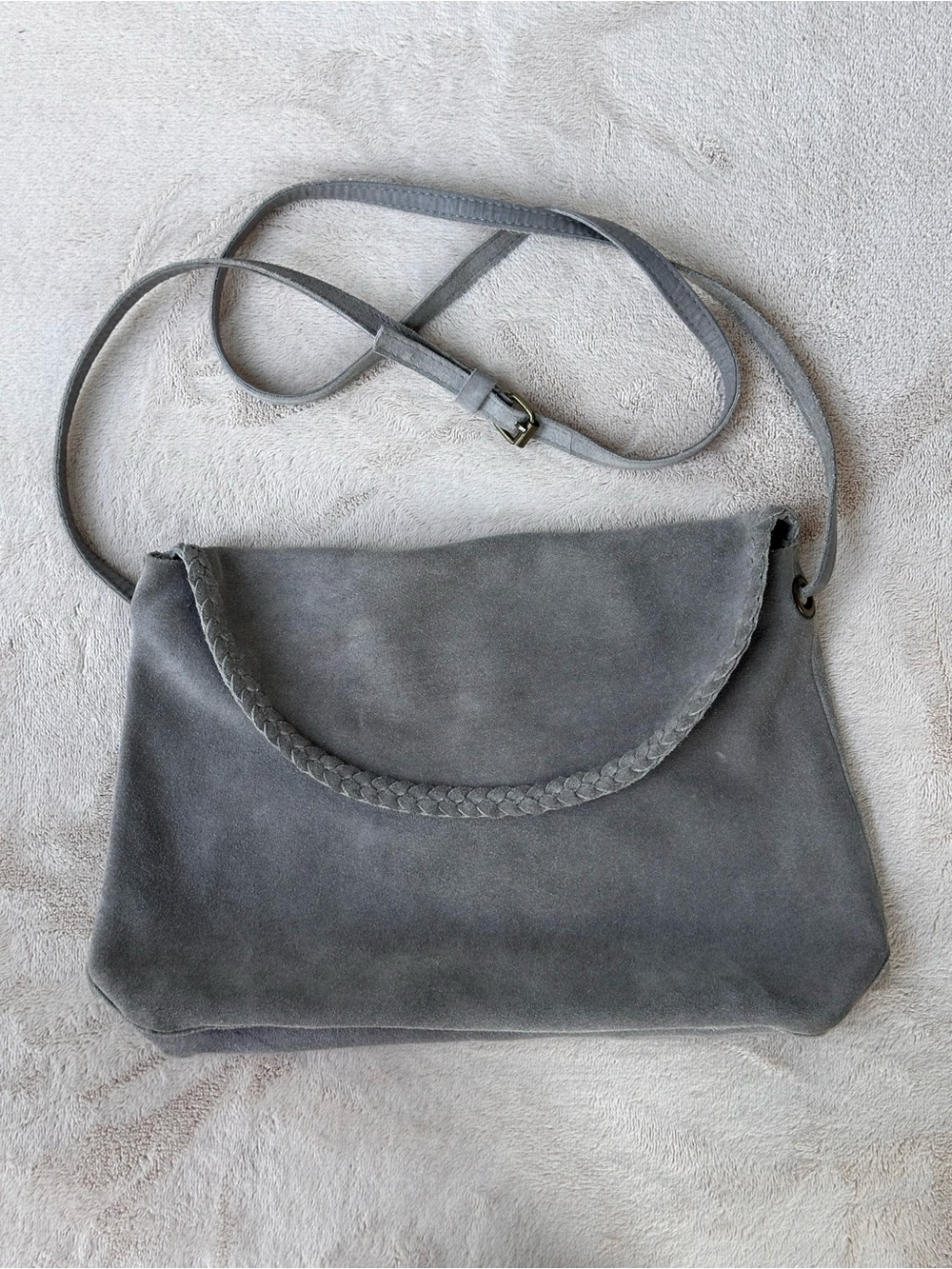 Suede Braided-Flap Women’s Crossbody Bag in Gray